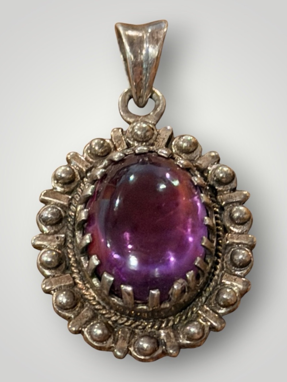 Vintage 925 Sterling Silver Purple Amethyst Cabochon Ornate Pendant